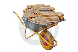wheelbarrow with firewood, chopped firewood in wheelbarrow isolated on white background