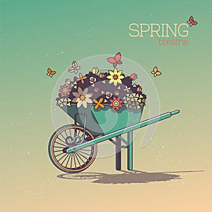 Wheelbarrow With Flowers in Retro Style. Spring Breathe