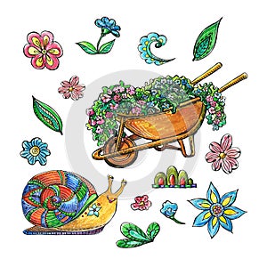 Wheelbarrow, flowers and snail. Set with wheelbarrow.