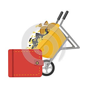 Wheelbarrow full of coins and soil. Cartoon vector flat style il