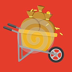 Wheelbarrow full of coins and soil. Cartoon vector flat style il