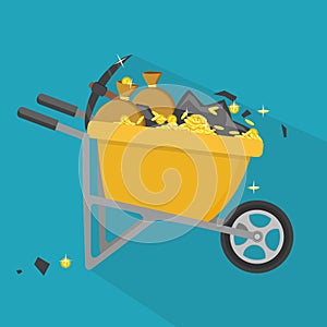 Wheelbarrow full of coins and soil. Cartoon vector flat style il