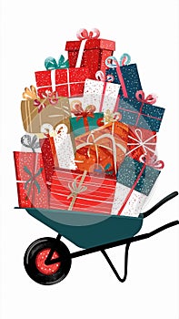 Wheelbarrow full of gifts for various celebratory occasions.
