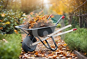 wheelbarrow in the garden,Environment Cleaning Concept.