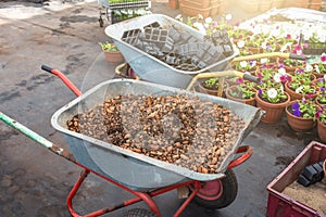 Wheelbarrow with gravel inside in modern greenhouse, industrial gardening tools equipment for horticulture