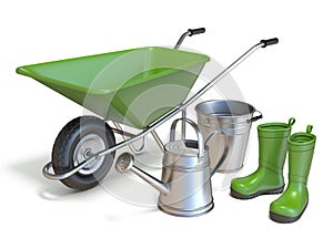 Wheelbarrow with gumboots, watering can and metal bucket 3D