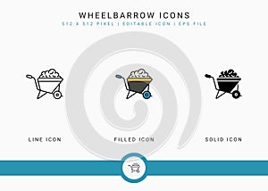 Wheelbarrow icons set vector illustration with solid icon line style. Plant gardening agriculture concept.