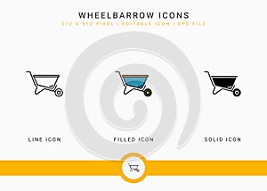 Wheelbarrow icons set vector illustration with solid icon line style. Plant gardening agriculture concept.