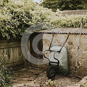 Wheelbarrow leaning on a garden shed