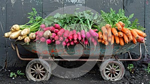 Wheelbarrow Overflowing With Carrots and Radishes