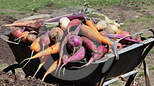 A wheelbarrow overflowing with a colorful ortment of justpulled root vegetables basks in the warm afternoon sun photo