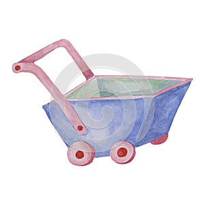 Wheelbarrow rustic toy. Wooden cart, eco play trolley clipart. Retro gardening watercolor illustration for kids party