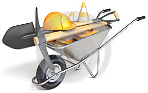 Wheelbarrow with shovel, pickaxe, traffic cones and hardhat 3D