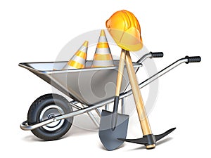 Wheelbarrow with shovel, pickaxe, traffic cones and hardhat 3D