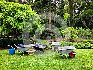 Wheelbarrows in garden ready for use