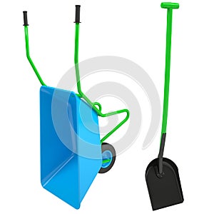 Wheelbarrows and shovel