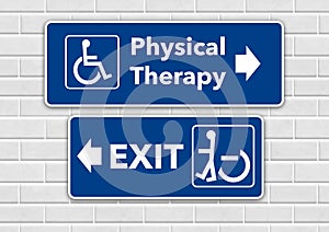 A wheelchair accessible sign points the way to physical therapy and pointing the other way toward the exit is a person standing