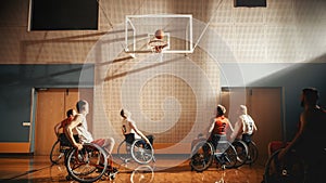 Wheelchair Basketball Court Game: Professional Players Competing Energetically, Dribbling Ball, Pa