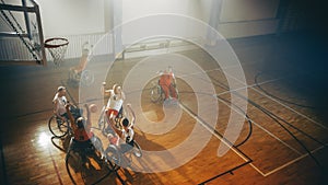 Wheelchair Basketball Court: Players Dribbling Ball, Shooting Missing the Basket, Disappointed. De