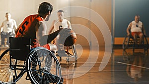 Wheelchair Basketball Game Court: Active Professional Player Dribbling Ball, Prepairing to Shoot a