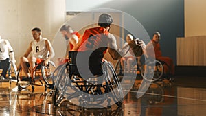 Wheelchair Basketball Game Court: Active Professional Player Dribbling Ball, Prepairing to Shoot a