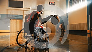 Wheelchair Basketball Game Court: Active Professional Player Dribbling Ball, Prepairing to Shoot a