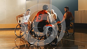 Wheelchair Basketball Game Court: Players Competing, Dribbling, Shooting it Successfully, Score Go