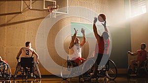 Wheelchair Basketball Game Court: Players Competing, Dribbling, Shooting it Successfully to Score