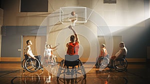 Wheelchair Basketball Game: Professional Players Competing, Dribbling Ball, Passing. Player Succes