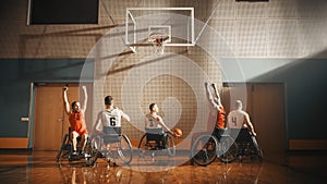 Wheelchair Basketball Game: Professional Players Competing, Dribbling Ball, Passing, Shooting it S