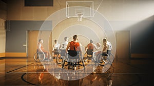 Wheelchair Basketball Game: Professional Players Competing, Dribbling Ball, Passing, Shooting it S