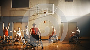 Wheelchair Basketball Game: Professional Players Competing, Dribbling Ball, Passing, Shooting it S