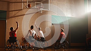 Wheelchair Basketball Game: Professional Players Competing, Dribbling Ball, Passing, Shooting it S