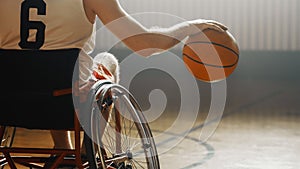 Wheelchair Basketball Game: Professional Players Competing, Dribbling the Ball, Prepairing to Shoo