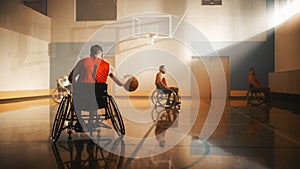 Wheelchair Basketball Game: Professional Players Competing, Dribbling Ball, ready to Pass or Shoot