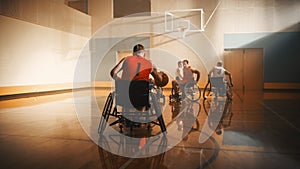 Wheelchair Basketball Game: Professional Players Competing, Dribbling Ball, ready to Pass or Shoot