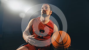 Wheelchair Basketball Play: Player Dribbling Ball, Ready to Shoot it Successfully and Score a Perf