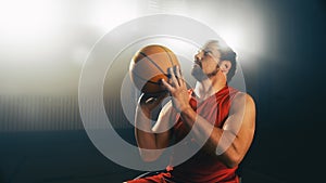 Wheelchair Basketball Play: Player Dribbling Ball, Ready to Shoot it Successfully and Score a Perf