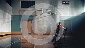 Wheelchair Basketball Player Dribbling Ball Like a Professional, Ready to Shoot. Depressive Mood,