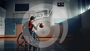 Wheelchair Basketball Player Dribbling Ball Like a Professional, Ready to Shoot. Depressive Mood,