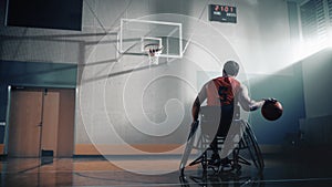 Wheelchair Basketball Player Dribbling Ball Like a Professional, Ready to Shoot. Depressive Mood,