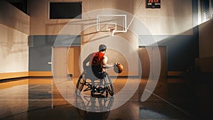 Wheelchair Basketball Player Dribbling Ball Like a Professional, Ready to Shoot and Score Goal. De