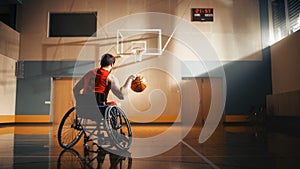 Wheelchair Basketball Player Dribbling Ball Like a Professional, Ready to Shoot and Score Goal. De