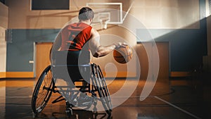 Wheelchair Basketball Player Dribbling Ball Like a Professional, Ready to Shoot and Score Goal. De