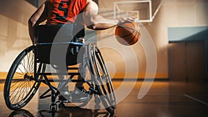 Wheelchair Basketball Player Wearing Red Shirt Dribbling Ball Like a Professional. Determination,