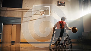 Wheelchair Basketball Player Wearing Red Shirt Dribbling Ball Like a Professional. Determination,