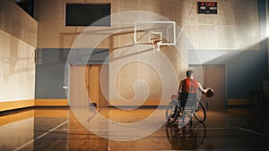 Wheelchair Basketball Player Wearing Red Shirt Dribbling Ball Like a Professional. Determination,