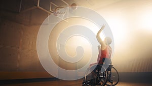 Wheelchair Basketball Player Wearing Red Uniform Shooting Ball Successfully, Scoring a Perfect Goa
