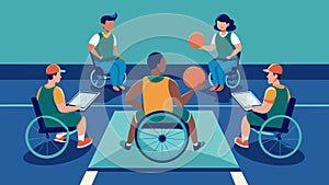 A wheelchair basketball team trains in a virtual arena honing their skills and strategy for reallife games.. Vector photo