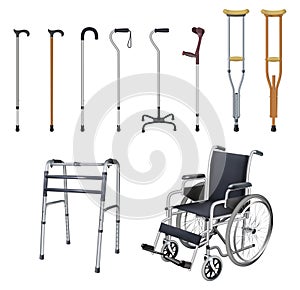 Wheelchair, cane, crutch, walkers. Set of special medical auxiliary means of transportation for people with